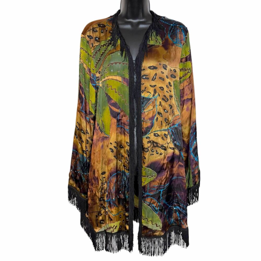 VTG Mirasol Silk Blend Kimono Cardigan L Abstract Fringe Whimsygoth Y2K Witchy